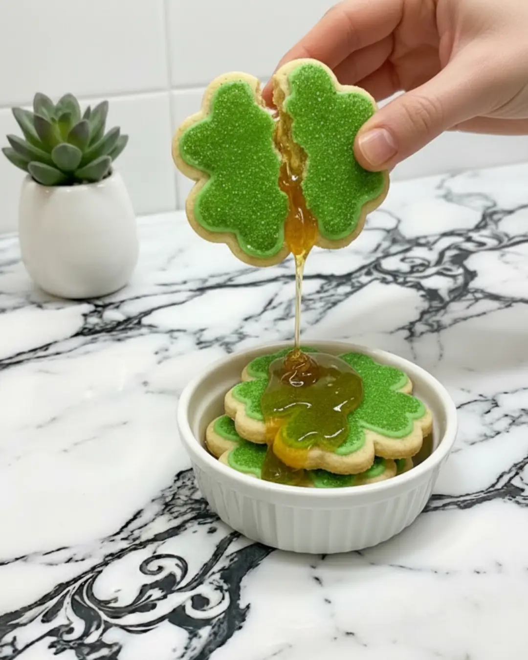 A hand breaking apart a green shamrock cookie to reveal a gooey golden filling, demonstrating a sweet St. Patrick's Day Sugar Cookie Recipe.