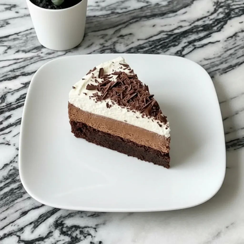 A beautiful slice of layered chocolate mousse cake featuring a fudgy base, creamy chocolate center, and whipped cream topping on a white plate, showcasing how delicious gluten free desserts easy can be.