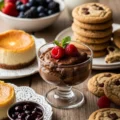 A beautiful spread of keto desserts including a glass of rich chocolate mousse topped with raspberries, mini cheesecakes, and sugar-free chocolate chip cookies on a wooden table.