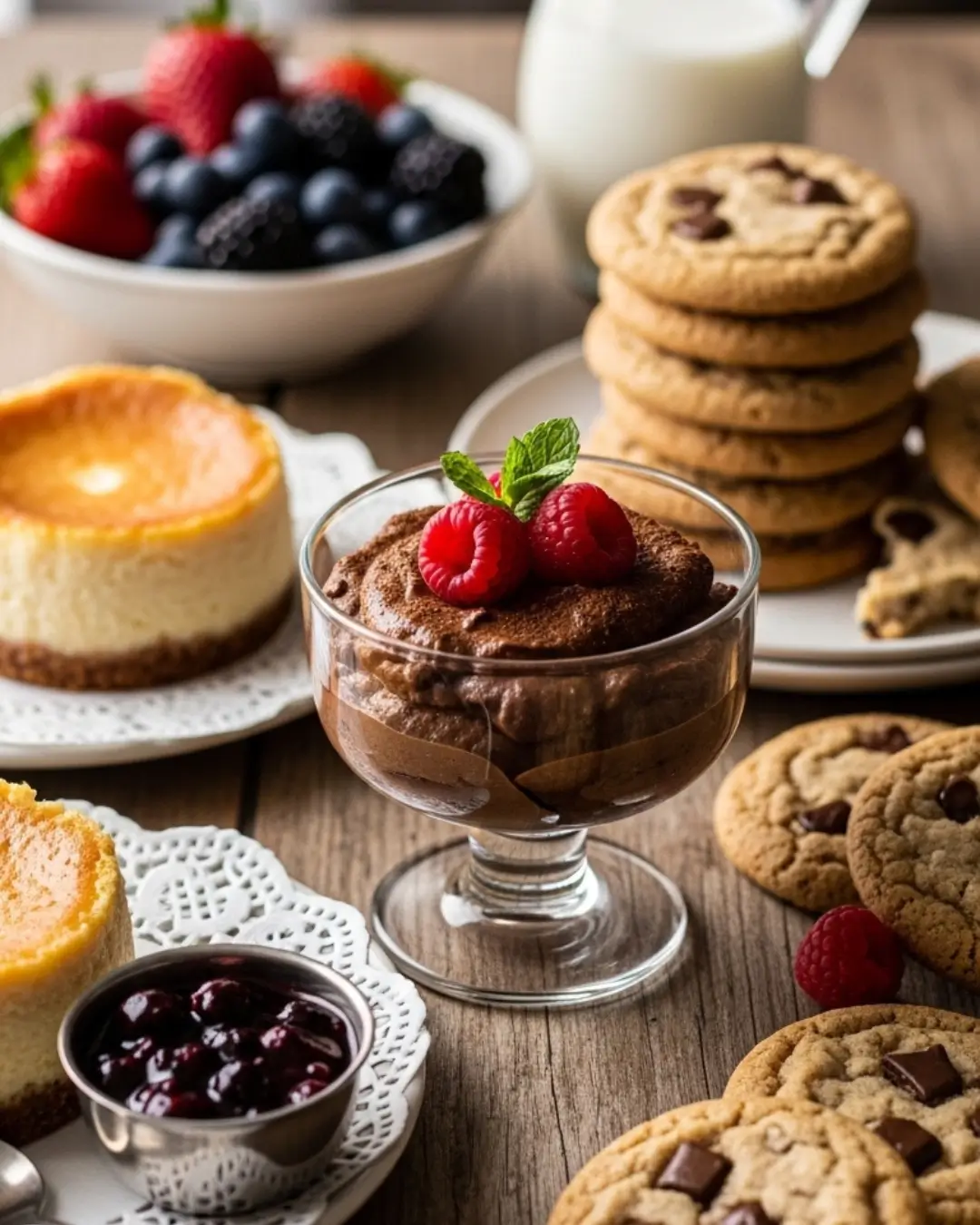 A beautiful spread of keto desserts including a glass of rich chocolate mousse topped with raspberries, mini cheesecakes, and sugar-free chocolate chip cookies on a wooden table.