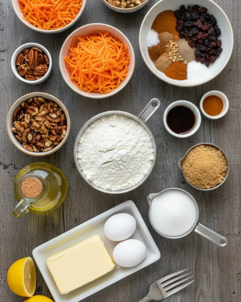 Overhead view of baking ingredients on a wooden table, featuring bowls of freshly grated carrots, flour, eggs, butter, sugars, and spices, illustrating the preparation steps after learning how to shred carrots for carrot cake.
