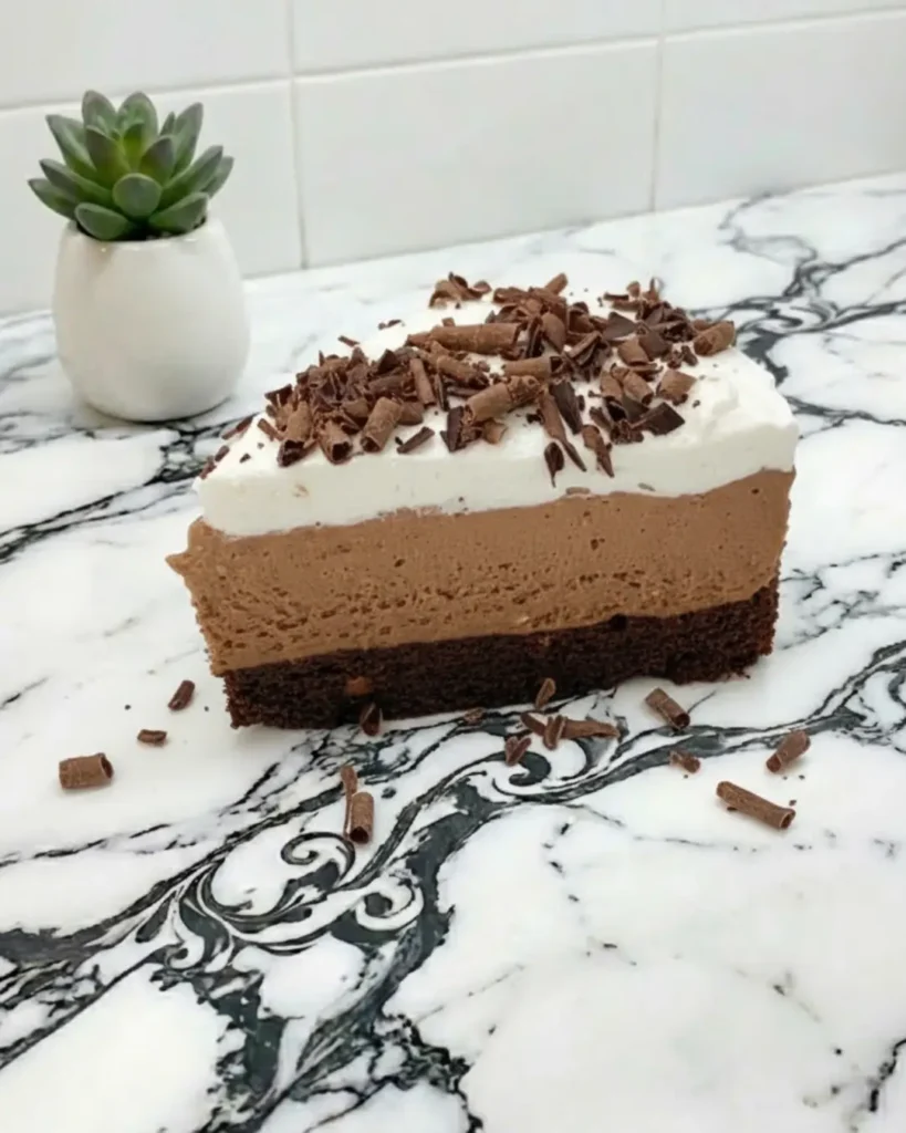 A close-up of a layered chocolate mousse cake slice with whipped cream and chocolate curls, representing good gluten free desserts, served on a marble countertop.