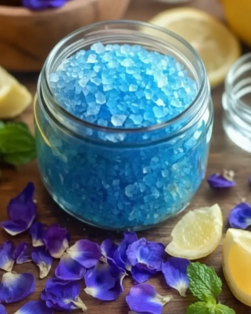 A close-up shot of a glass jar filled with bright blue coarse salt crystals, surrounded by scattered purple flower petals, lemon wedges, and fresh mint leaves on a wooden table. blue salt trick recipe