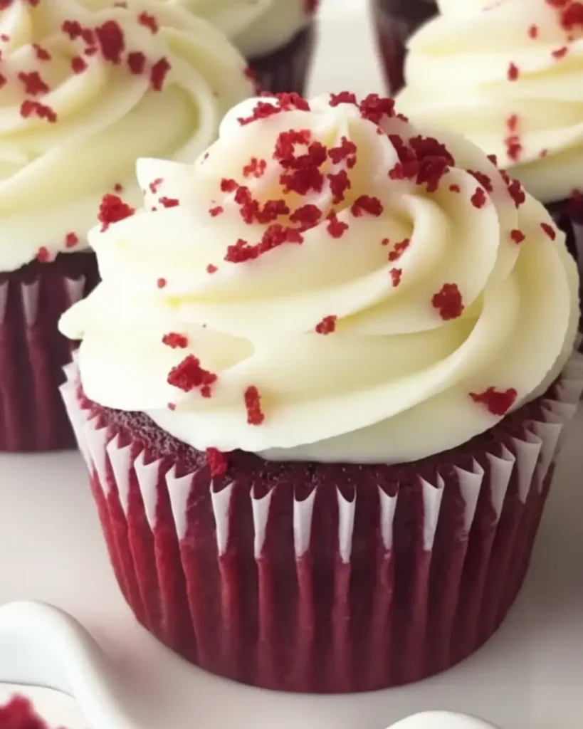 A close-up of a frosted red velvet cupcake sprinkled with red crumb garnish, a classic dessert option alongside red velvet brownies.