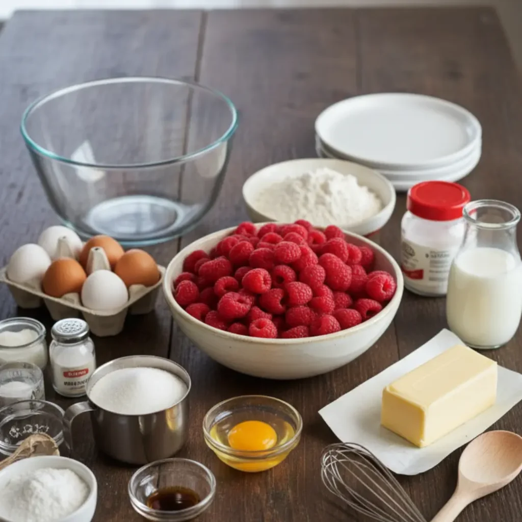 Fresh baking ingredients including a large bowl of red raspberries, eggs, flour, butter, and sugar arranged on a wooden table to make a Raspberry Angel Food Cake.