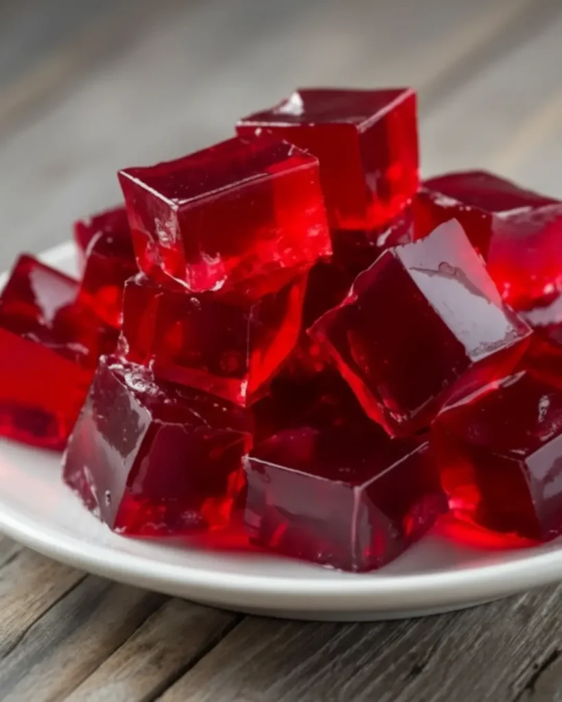 A close-up of vibrant red, translucent gelatin cubes piled high on a white plate over a wooden surface.