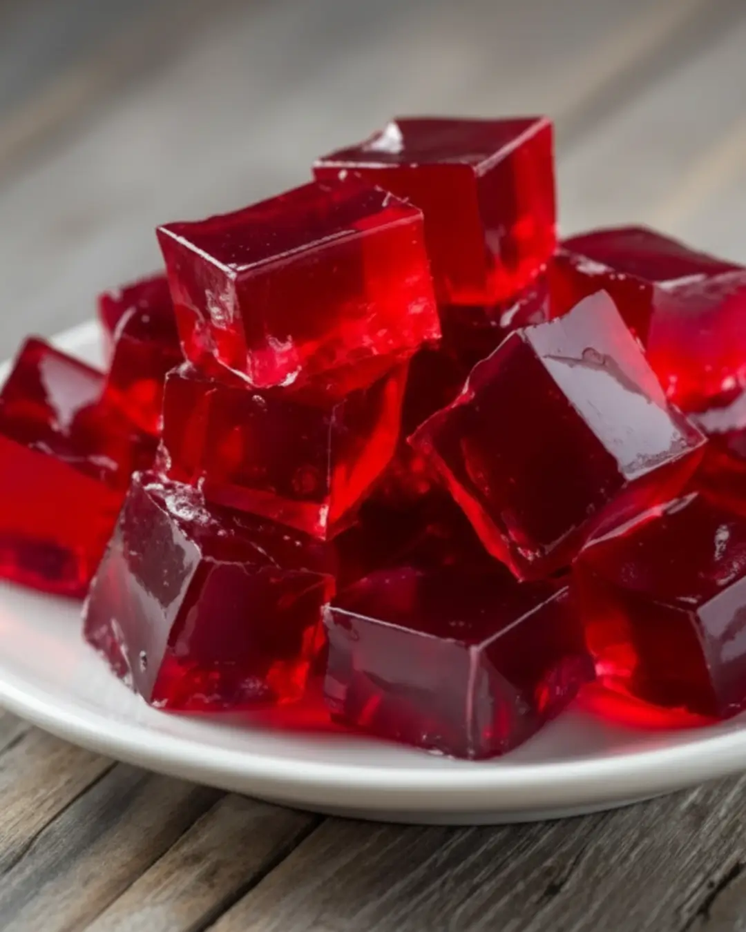 A close-up of vibrant red, translucent gelatin cubes piled high on a white plate over a wooden surface.