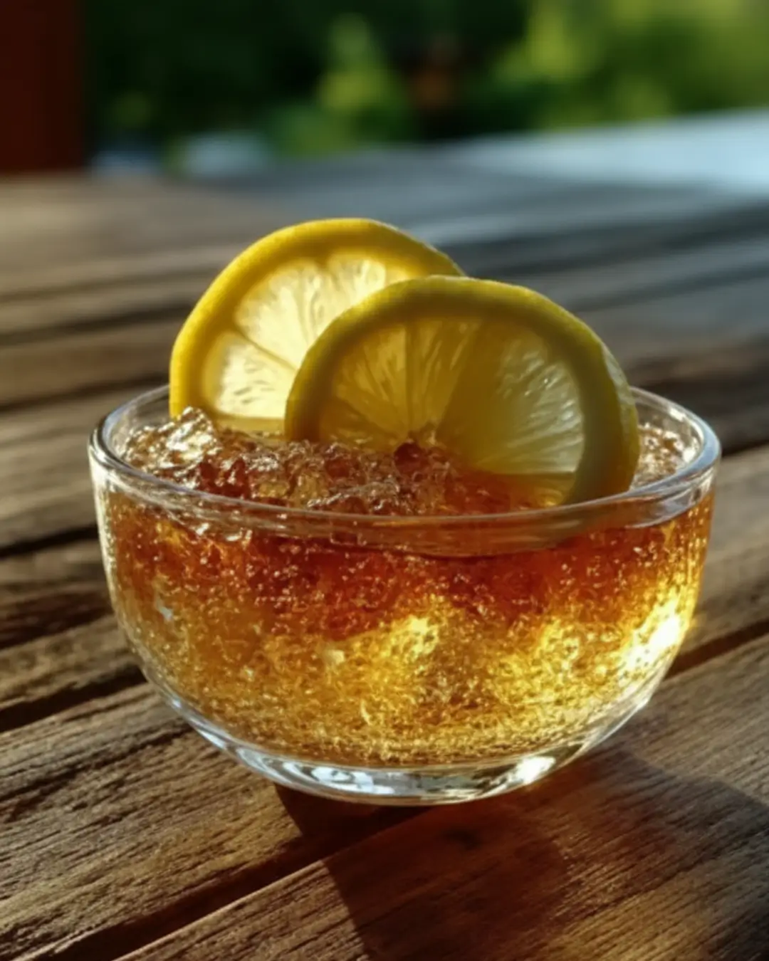 A close-up of a clear glass bowl filled with sparkling, amber-colored lemon gelatin, garnished with two fresh lemon slices, sitting on a wooden table in the sunlight.