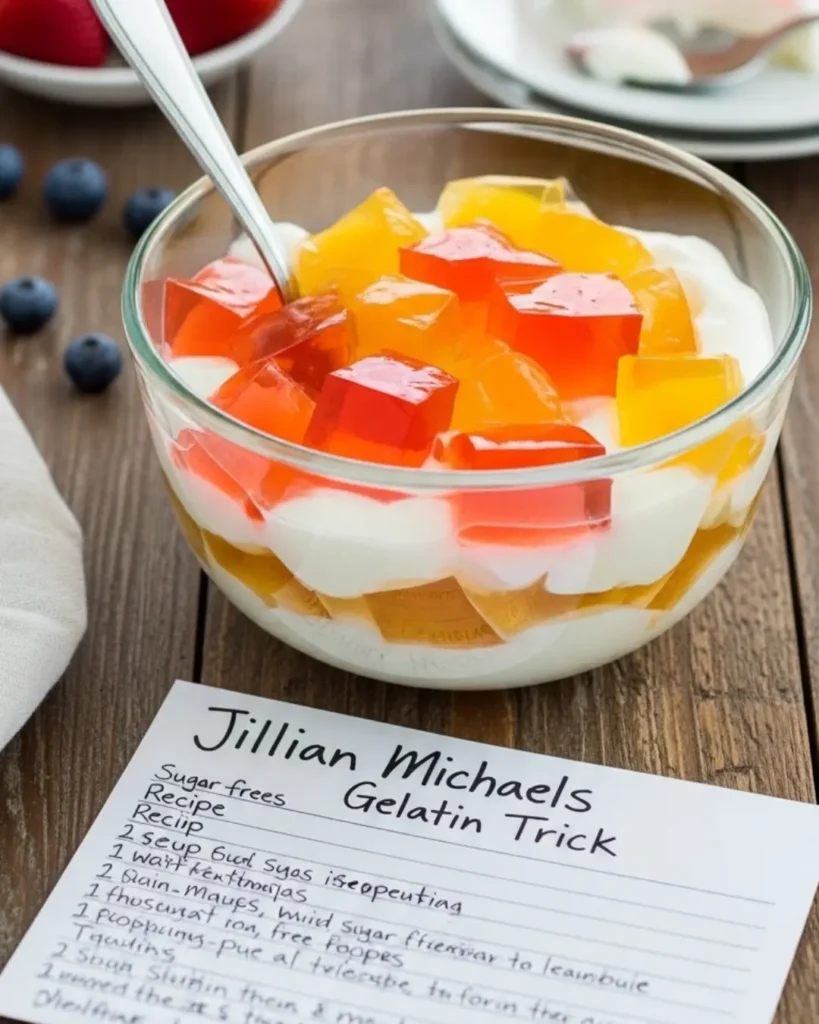 Close-up of a glass bowl containing layered white yogurt and cubed orange and red gelatin, sitting next to a handwritten card for the Jillian Michaels gelatin trick recipe on a wooden table.
