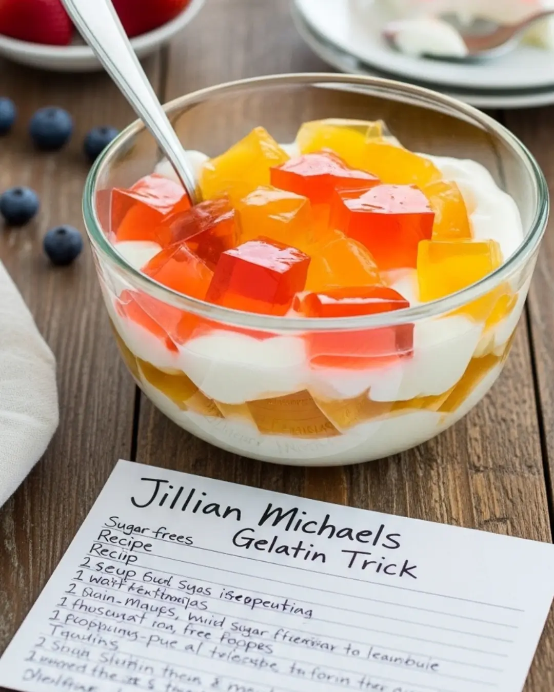 Close-up of a glass bowl containing layered white yogurt and cubed orange and red gelatin, sitting next to a handwritten card for the Jillian Michaels gelatin trick recipe on a wooden table.