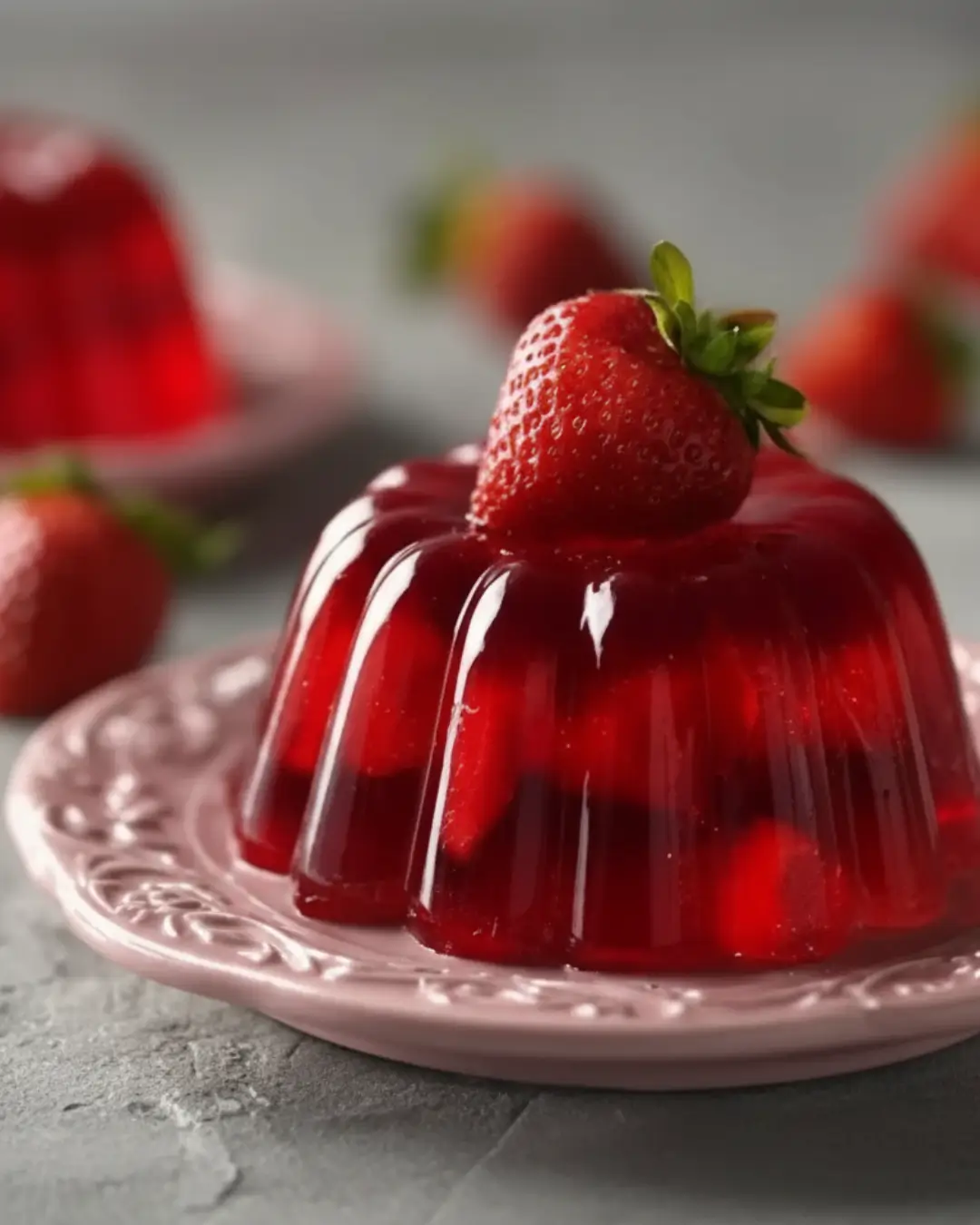Close-up of a molded pink gelatin dessert filled with fresh strawberries, sitting on a decorative pink plate.