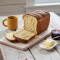 Freshly baked, sliced croissant loaf dusted with powdered sugar on a white wooden cutting board, served with butter, berry jam, and a yellow coffee mug.