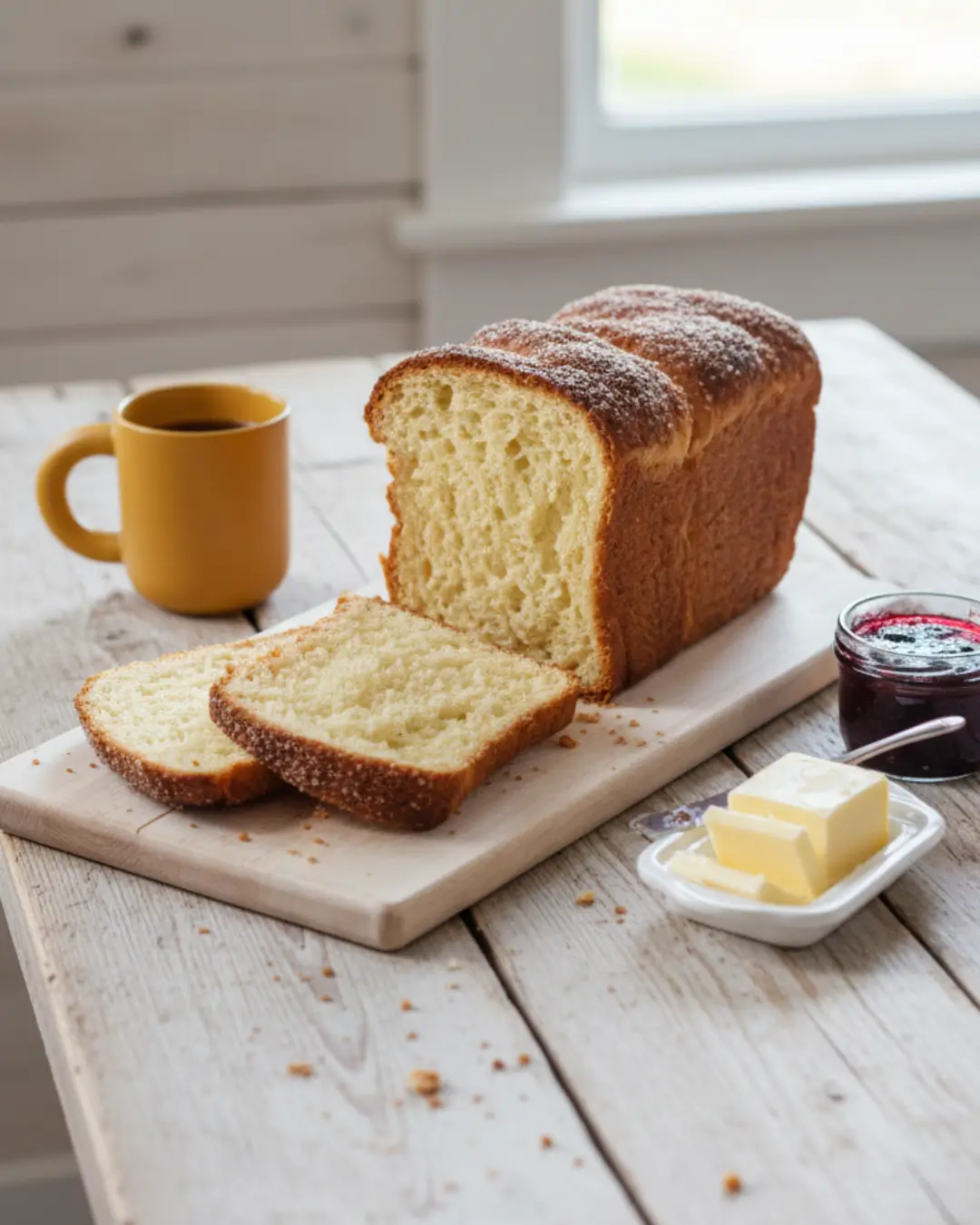 Freshly baked, sliced croissant loaf dusted with powdered sugar on a white wooden cutting board, served with butter, berry jam, and a yellow coffee mug.