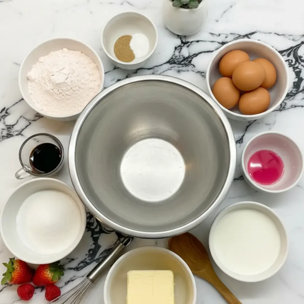 Overhead view of baking ingredients including flour, sugar, eggs, butter, milk, and berries arranged around a mixing bowl, similar to the prep station for a sourdough blueberry rolls recipe.