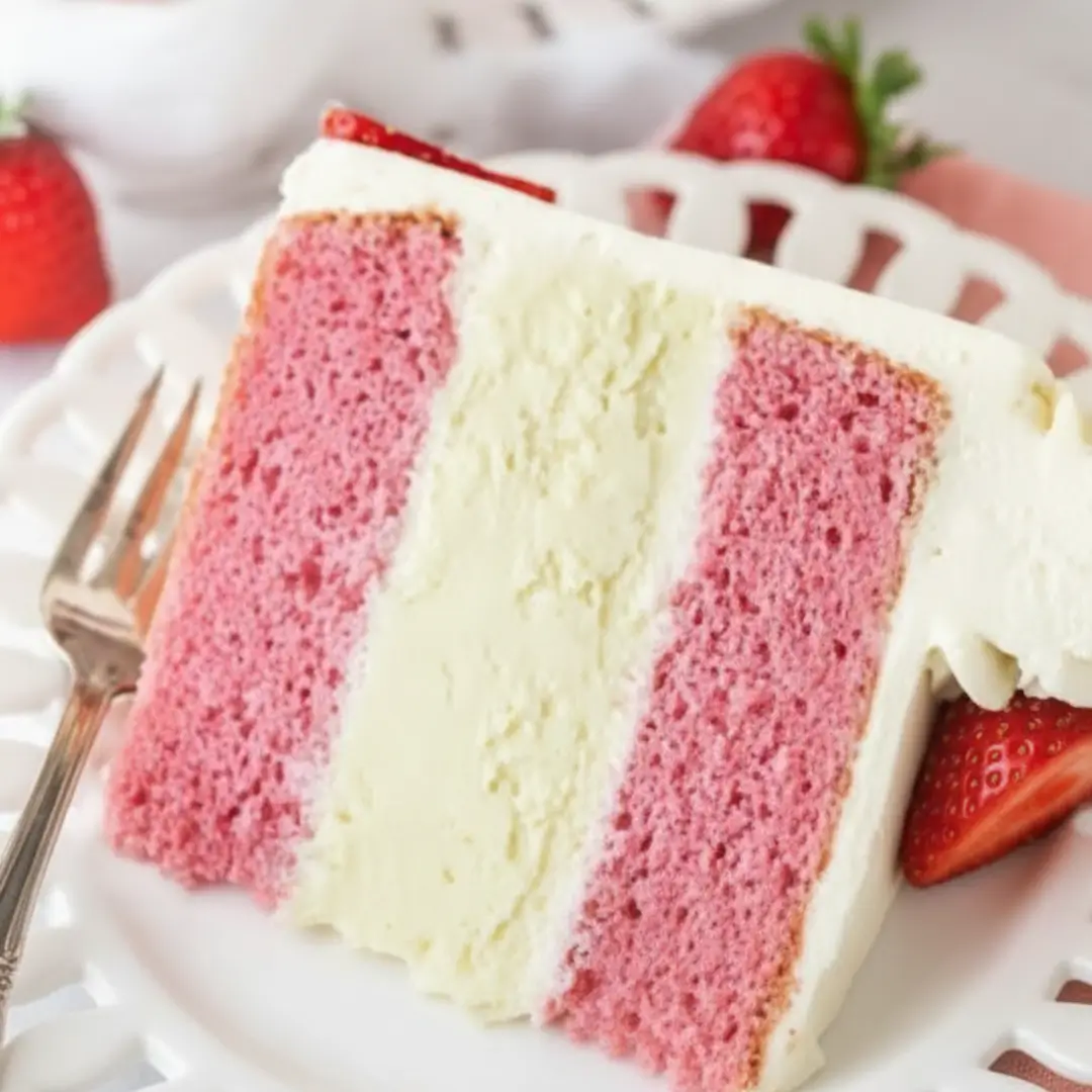 A close-up photograph of a detailed slice of layered Strawberries and Cream Cheesecake Cake on a white scalloped plate.
