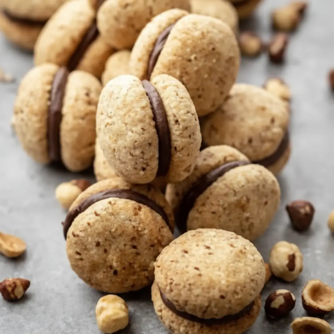 A close-up view of freshly baked Baci di Dama cookies filled with dark chocolate, surrounded by scattered toasted hazelnuts on a grey surface.