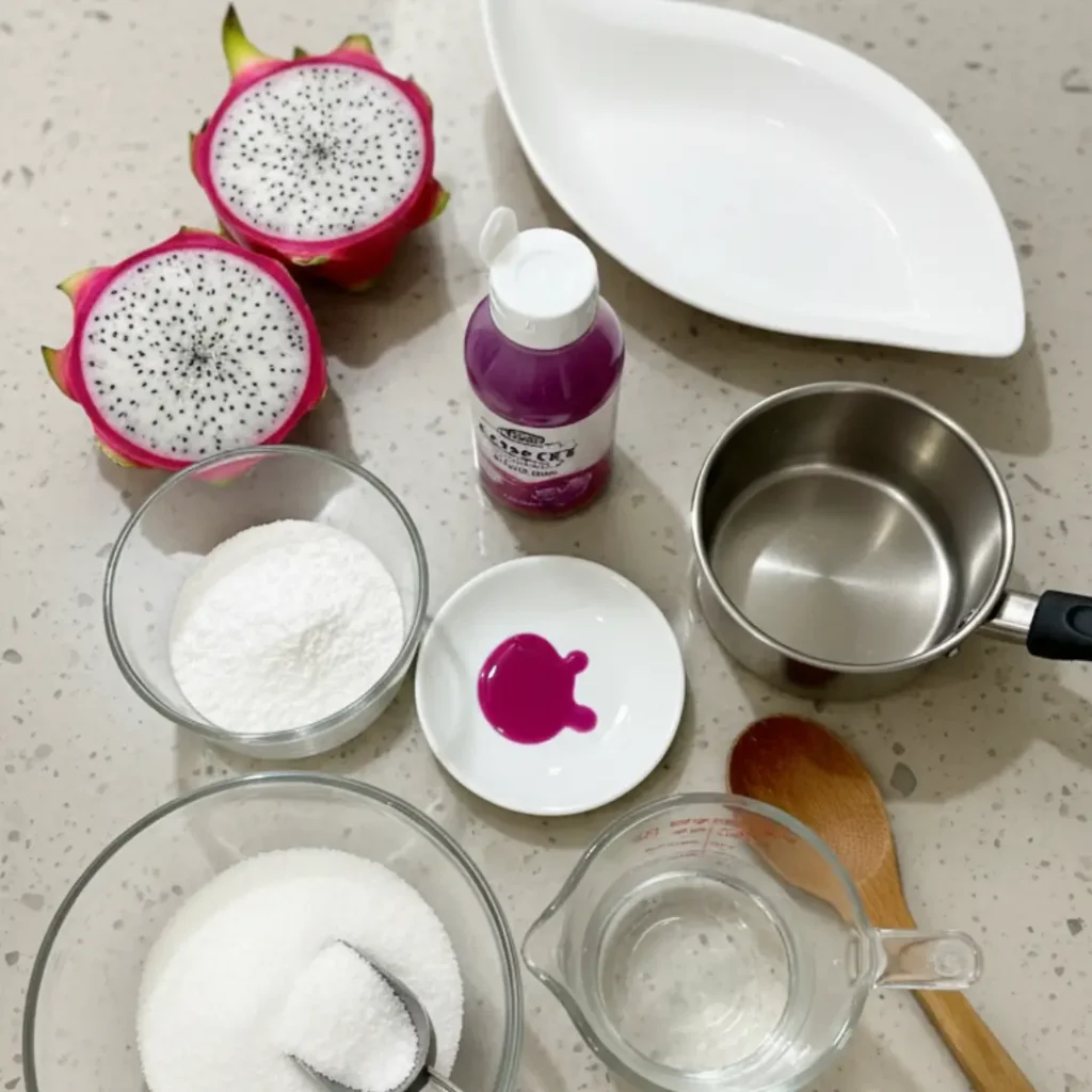 Flat lay of ingredients and tools for a pink gelatin trick recipe, including fresh dragon fruit, sugar, gelatin powder, pink coloring, and a saucepan.
