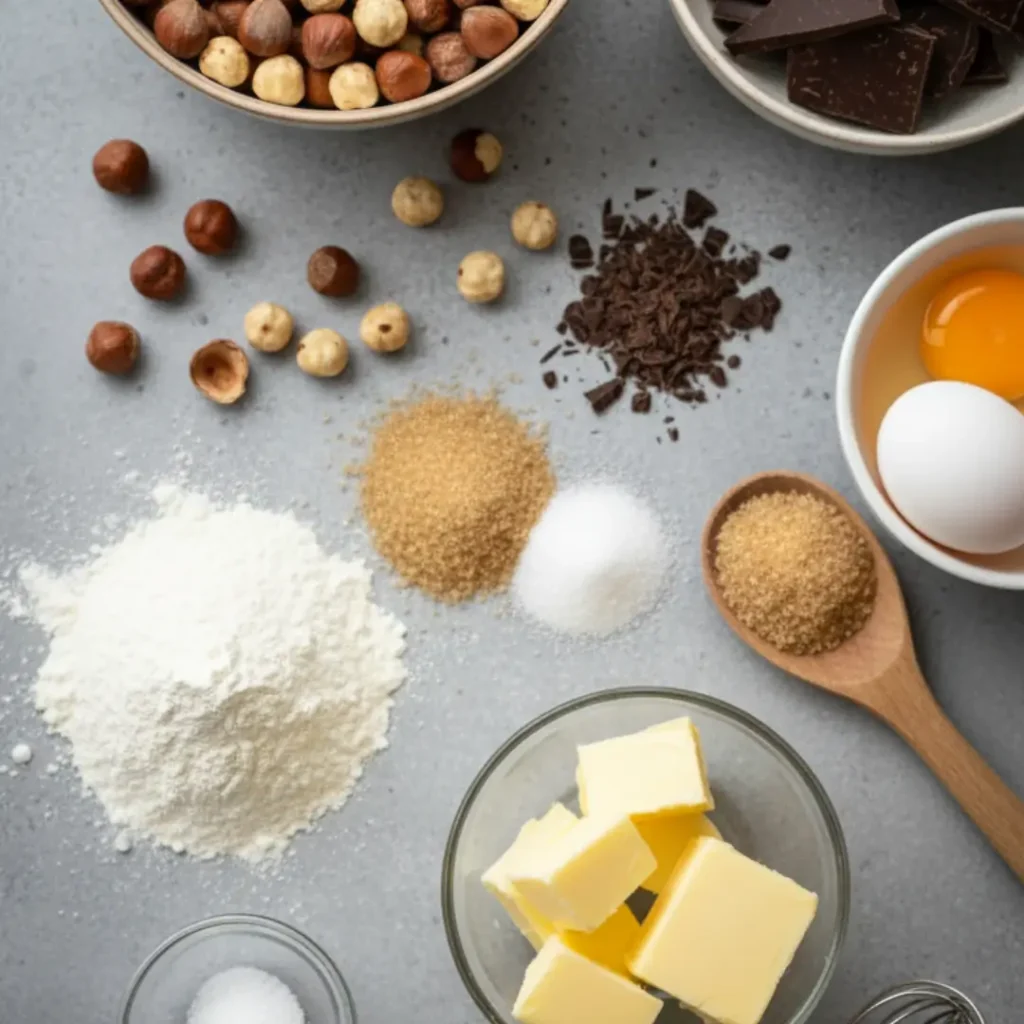 Flat lay of baking ingredients for a Baci di Dama cookie, including flour, cubed butter, brown and white sugar, eggs, chocolate chunks, and whole hazelnuts.
