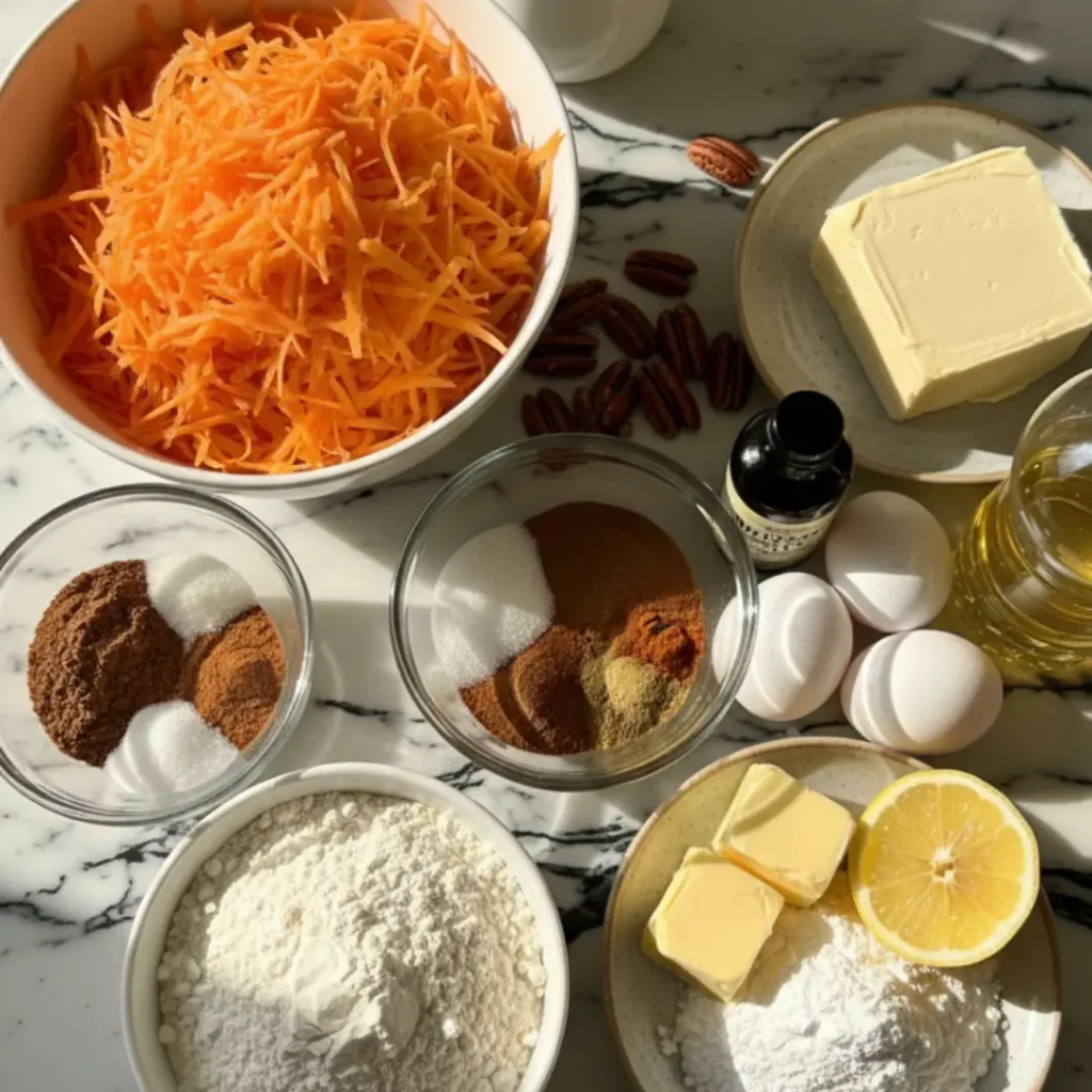 Measured baking ingredients for Cinnamon Roll Carrot Cake Bread including freshly grated carrots, spices, flour, eggs, and butter.