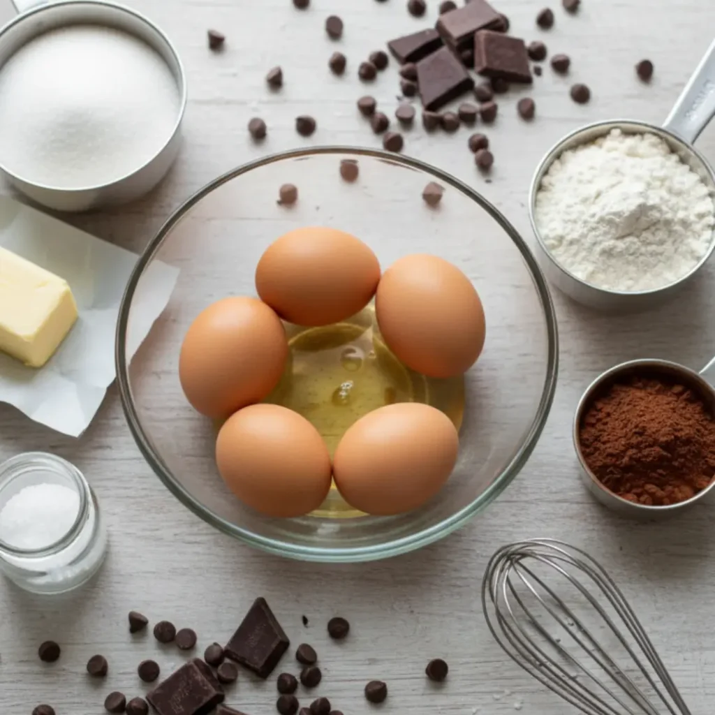 Traditional baking ingredients laid out on a table, contrasting with a simple nutella brownies 3 ingredients setup.