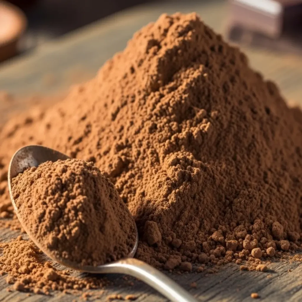 A vintage silver spoon scooping finely milled natural cocoa powder from a large, soft mound on a rustic wooden table.
