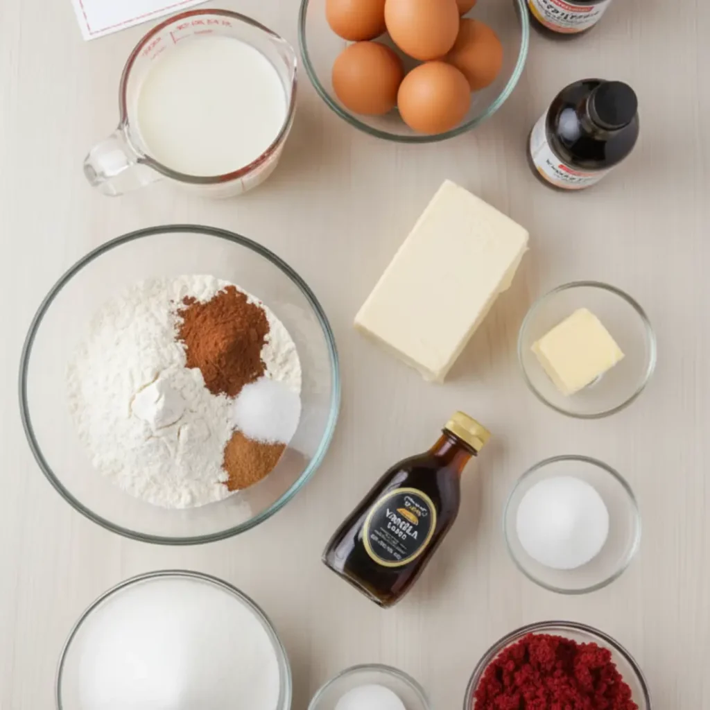 Overhead view of baking ingredients needed to make a red velvet cheesecake, including cream cheese, eggs, flour, and vanilla extract.