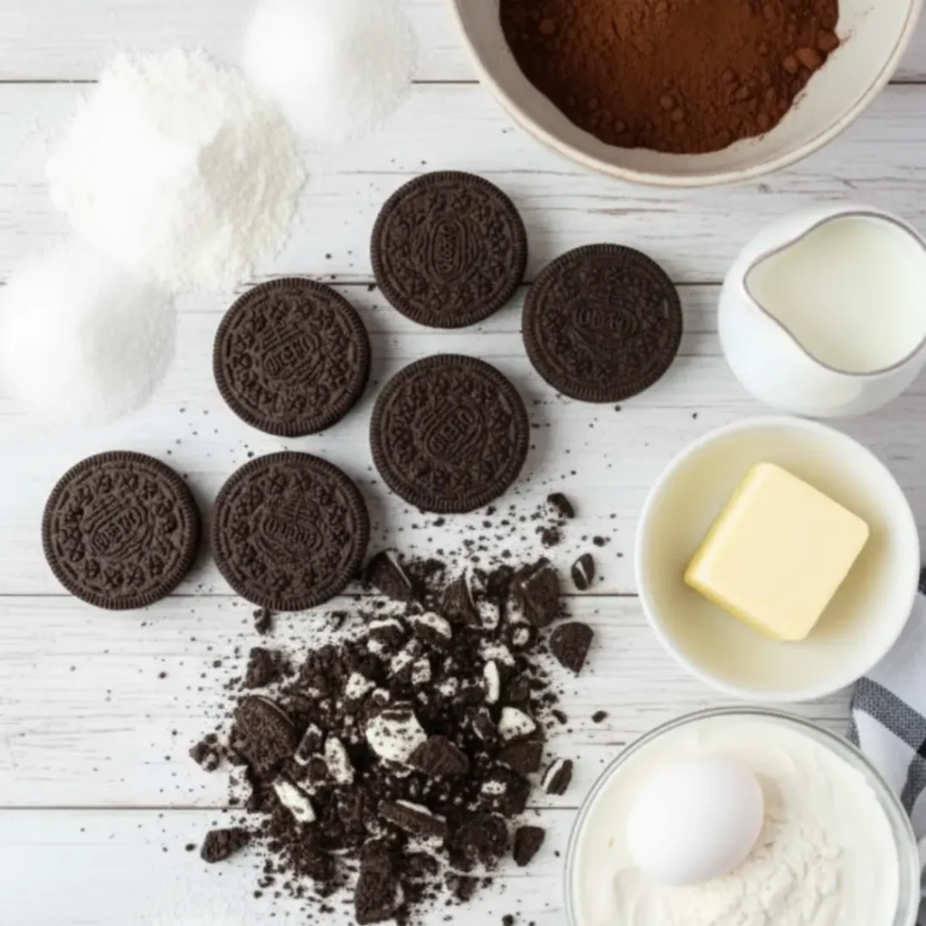 Flat lay of baking ingredients including cocoa powder, flour, eggs, butter, and crushed cookies for a Homemade Oreo Ice Cream Cake Roll.
