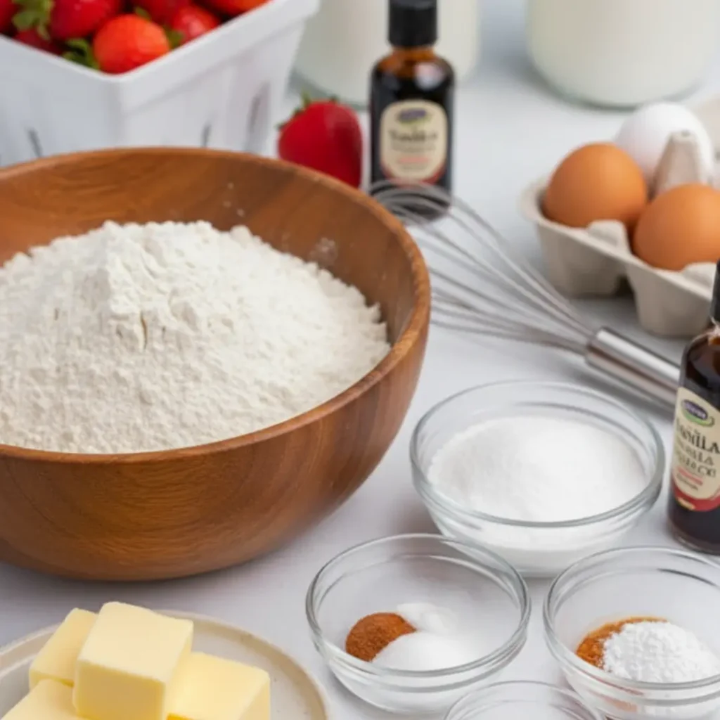A layout of baking ingredients for strawberry cake cookies, including a wooden bowl of flour, cubed butter, sugar, eggs, vanilla extract, and fresh strawberries.
