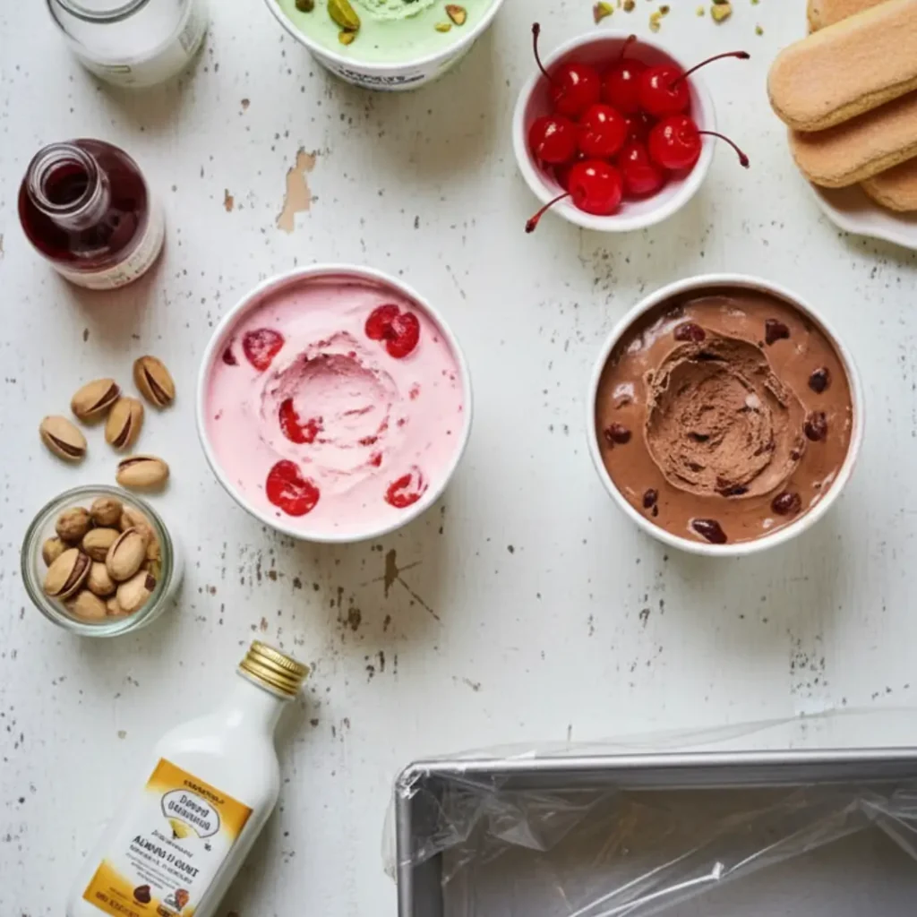 Ingredients and containers for assembling homemade spumoni ice cream on a rustic white table.