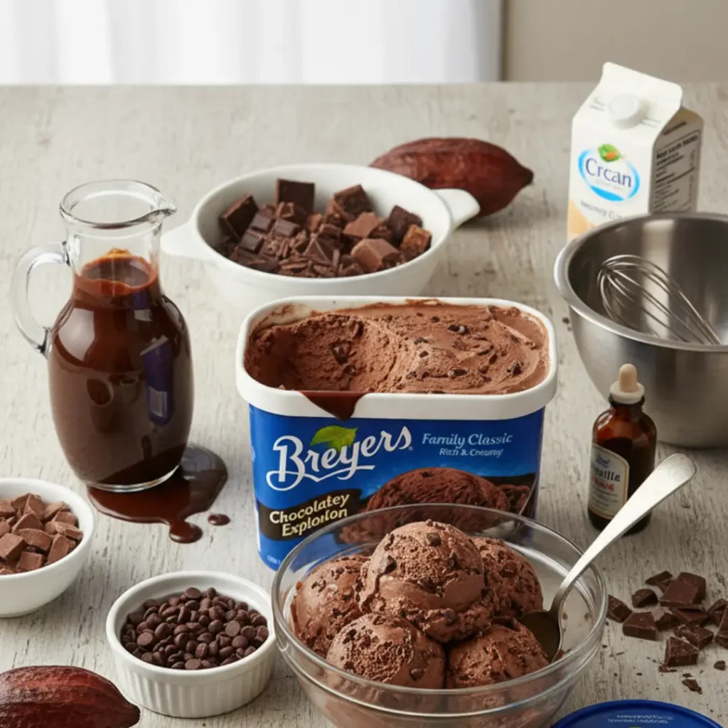 An open tub and glass bowl filled with scoops of Breyers chocolate ice cream, surrounded by ingredients like chocolate syrup, chocolate chips, chunks, and cocoa pods on a wooden table.