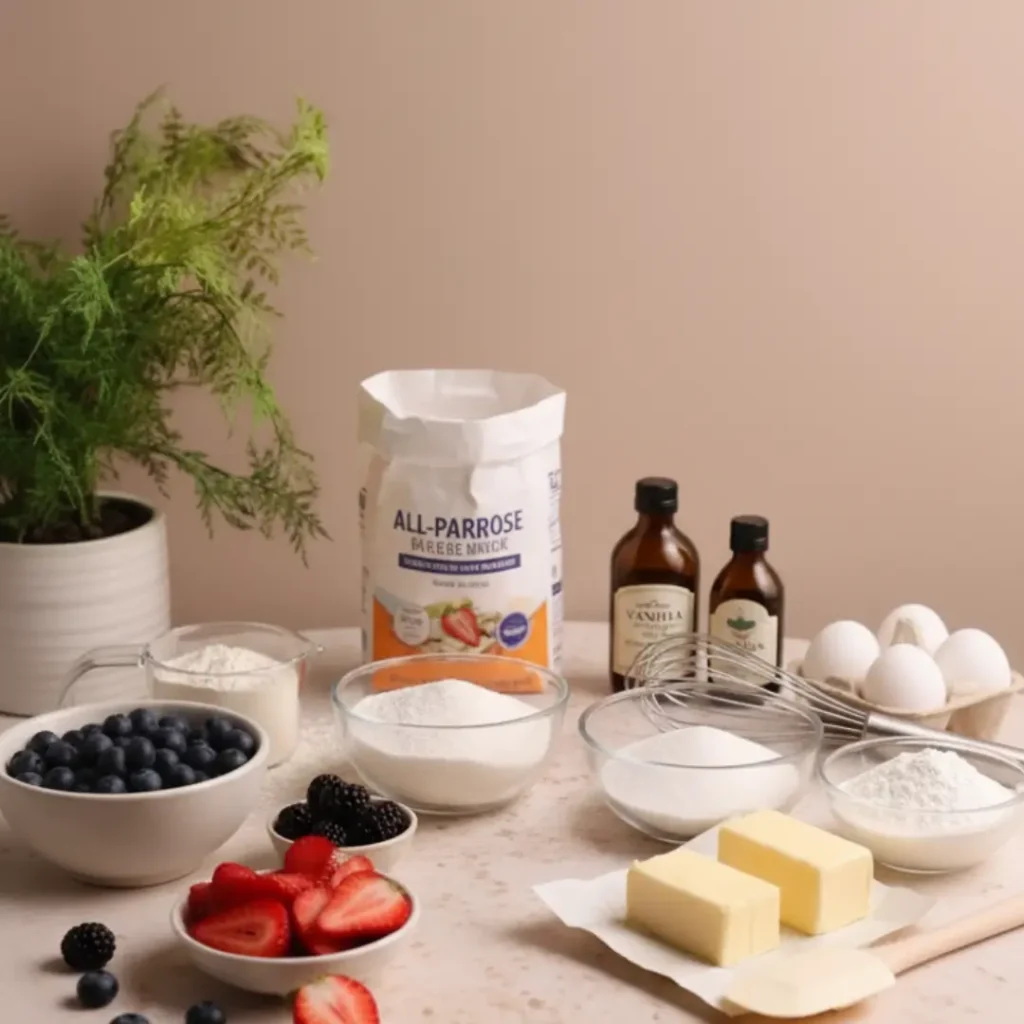 Fresh berries, flour, butter, sugar, eggs, and vanilla laid out on a counter to make a homemade sponge cake and fruit cake filling.