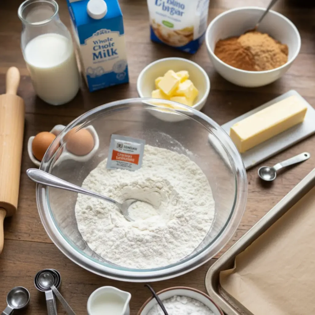Baking ingredients like flour, butter, milk, and eggs arranged on a wooden table to make a homemade treat following the cinnamon bun dessert recall.