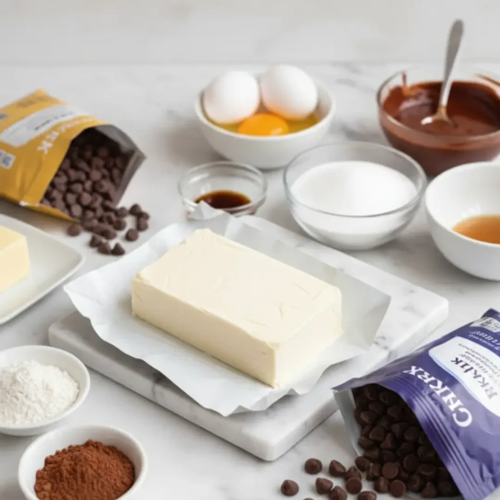 Assorted baking ingredients laid out on a marble counter to make Brownie Bottom Mini-Cheesecakes.