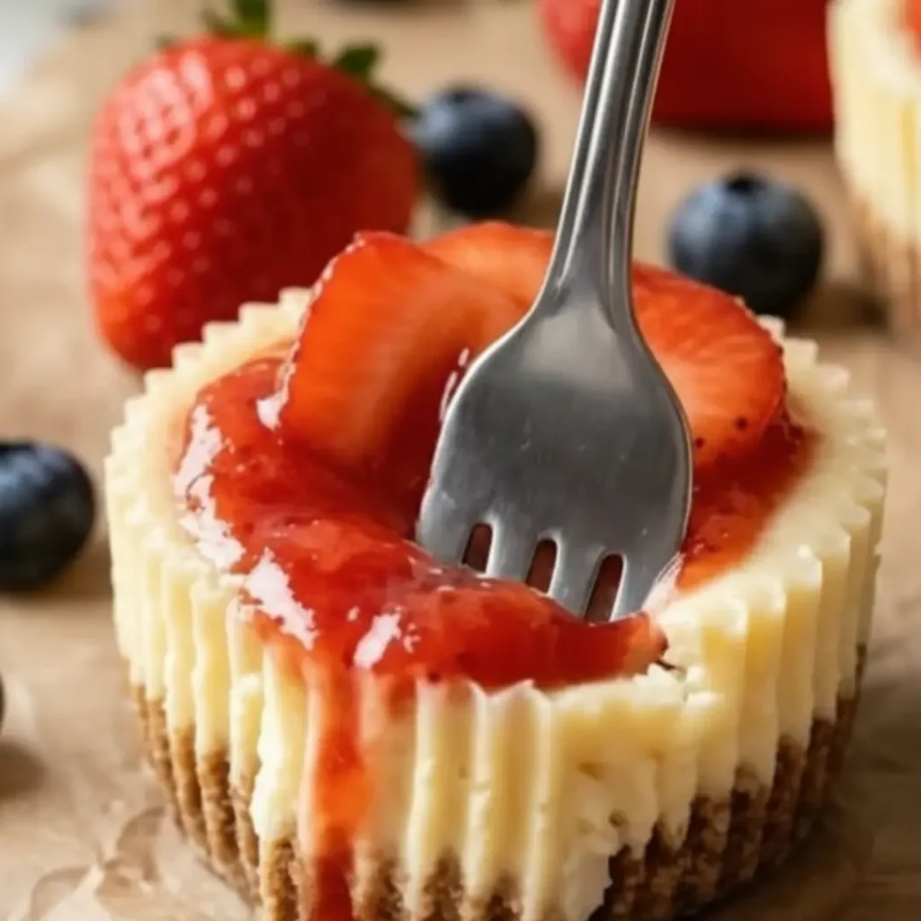 A silver fork slicing into a creamy 15 minute mini cheesecake topped with strawberry sauce and fresh strawberries.