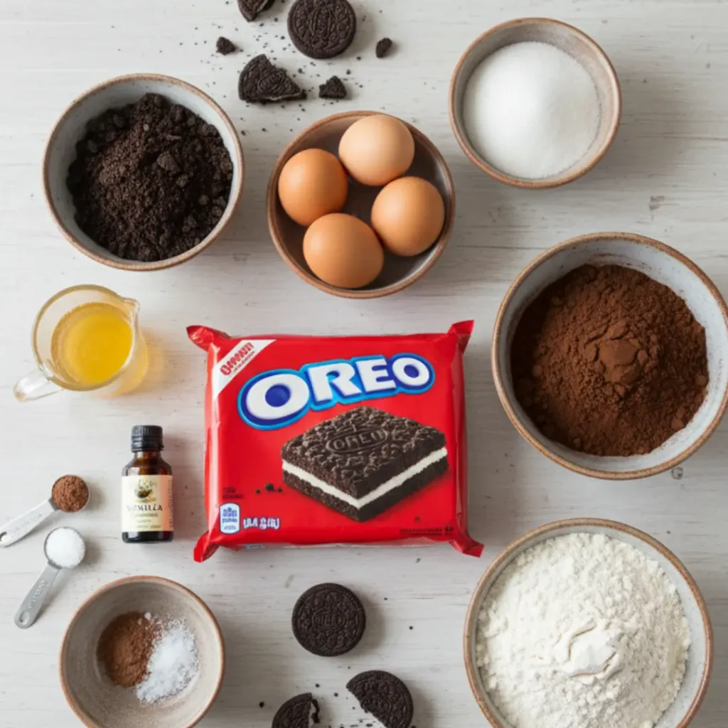 An overhead view of baking ingredients including eggs, flour, cocoa powder, and a package of Oreos arranged on a table before preparing the batter and determining how long to cook slutty brownies.