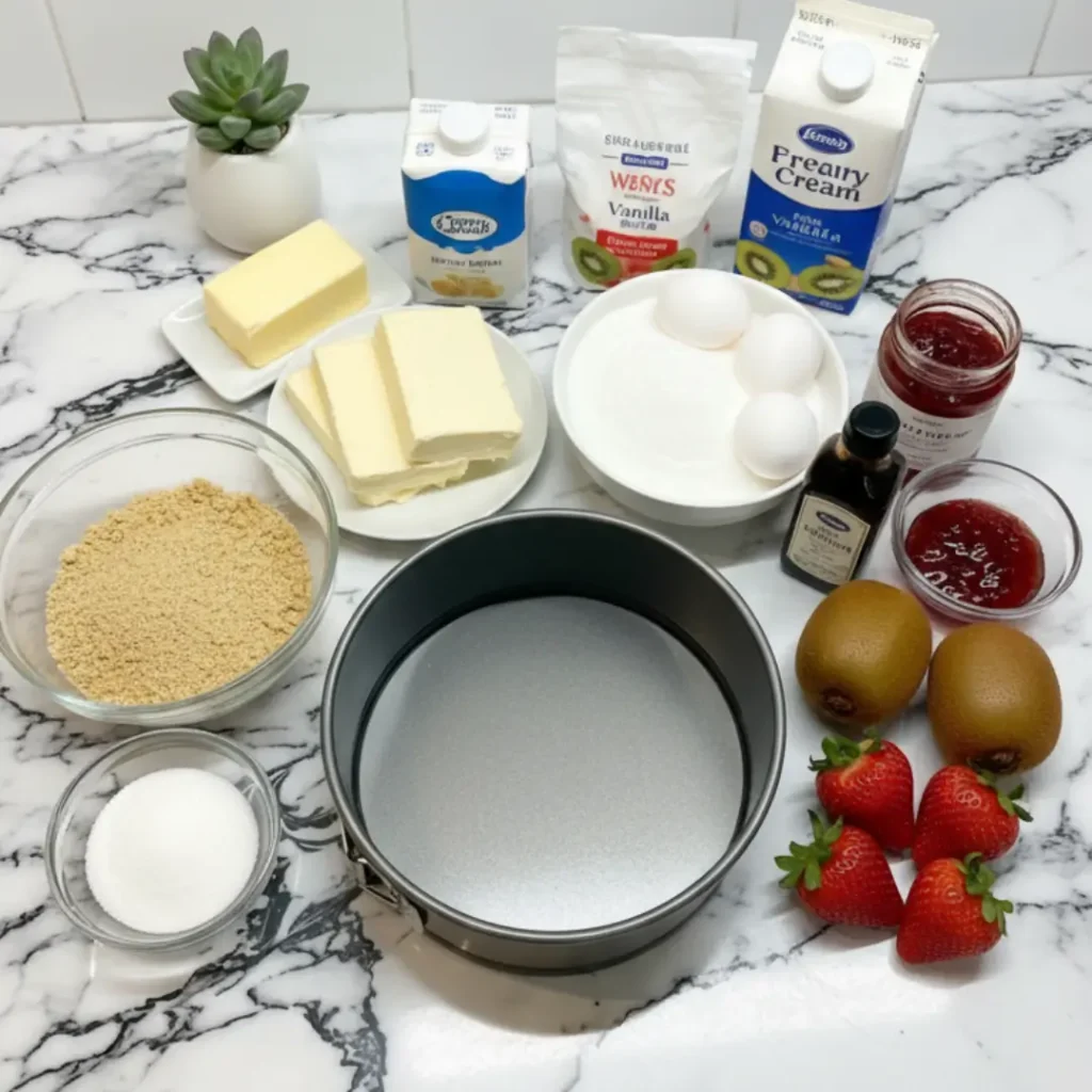 A collection of baking ingredients and a springform pan laid out to make a Mini Strawberry Kiwi Cheesecake.