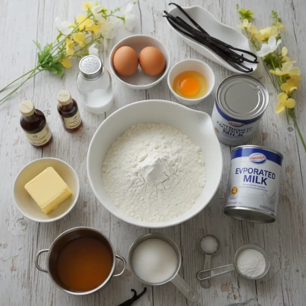 A beautifully arranged grid of rectangular Vanilla Caramel Custard Tart slices. Each piece features a clearly defined crisp base, a thick layer of smooth yellow vanilla custard, and a shiny, rich amber caramel glaze on top. Fresh vanilla beans and yellow flowers softly decorate the background.