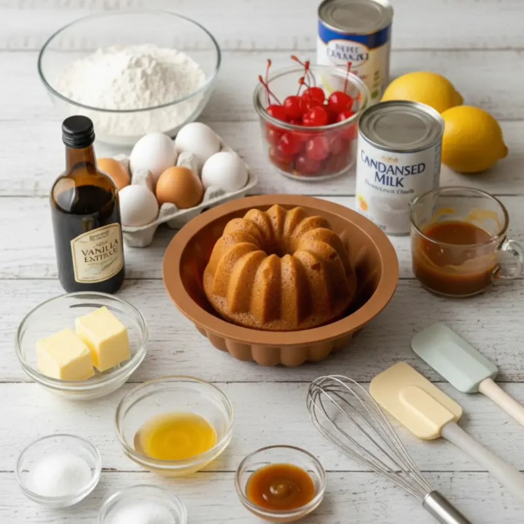 A flat lay of baking ingredients and kitchen tools laid out on a white wooden table to make mini pineapple upside down cakes.