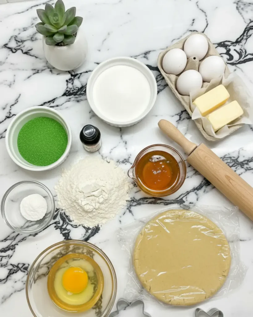 Flat lay of baking ingredients including flour, butter, eggs, green sugar, and shamrock cookie cutters for a St. Patrick's Day Sugar Cookie Recipe.