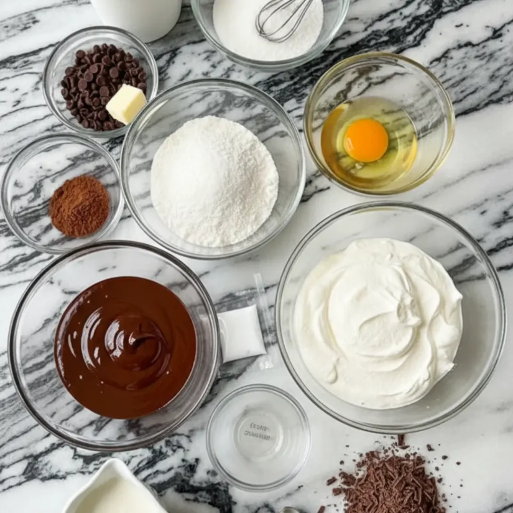Top-down view of baking ingredients including melted chocolate, whipped cream, an egg, cocoa powder, and gluten-free flour in glass bowls on a marble counter, perfectly prepped for making gluten free desserts easy.