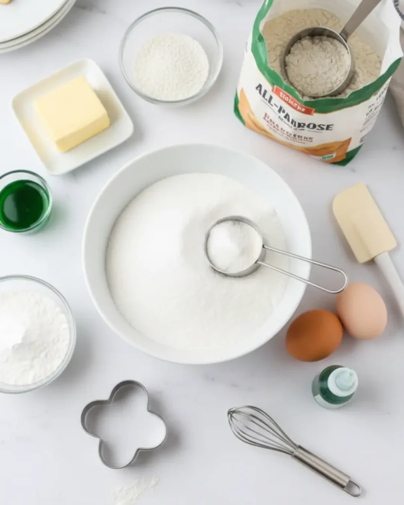 Overhead flat lay of cookie baking ingredients including flour, sugar, butter, eggs, green food coloring, and a shamrock cookie cutter on a white marble counter.