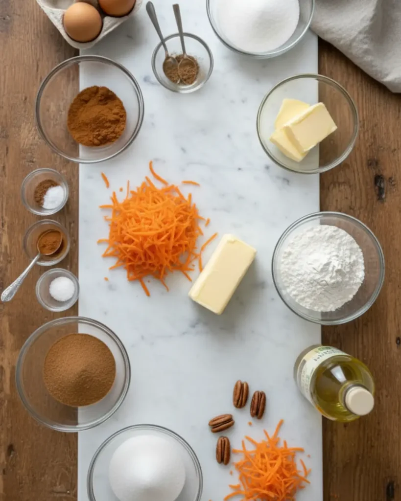 Top-down view of raw ingredients like grated carrots, flour, sugar, and cream cheese for making Carrot Cake Cheesecake Cupcakes.