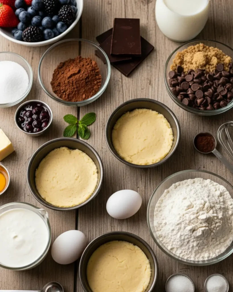 Flat lay of baking ingredients for keto desserts, showing almond flour, sugar-free chocolate chips, sweetener, cocoa powder, eggs, and butter surrounding small pie crusts.