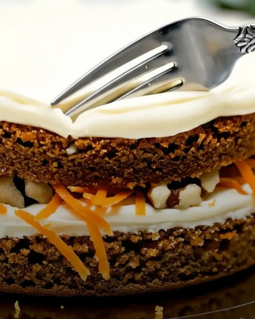 Macro shot of a fork pressing into a layered carrot cake with white frosting, showing visible strands of grated carrots and walnuts between the cake layers to highlight the textural results of knowing how to shred carrots for carrot cake.