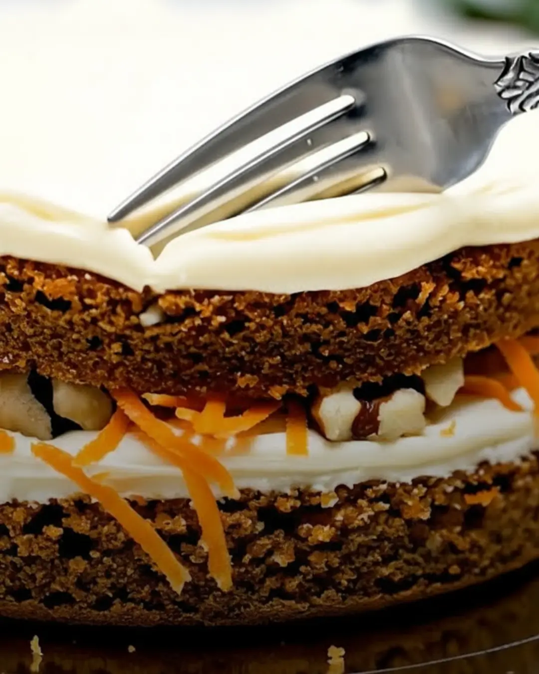 Macro shot of a fork pressing into a layered carrot cake with white frosting, showing visible strands of grated carrots and walnuts between the cake layers to highlight the textural results of knowing how to shred carrots for carrot cake.