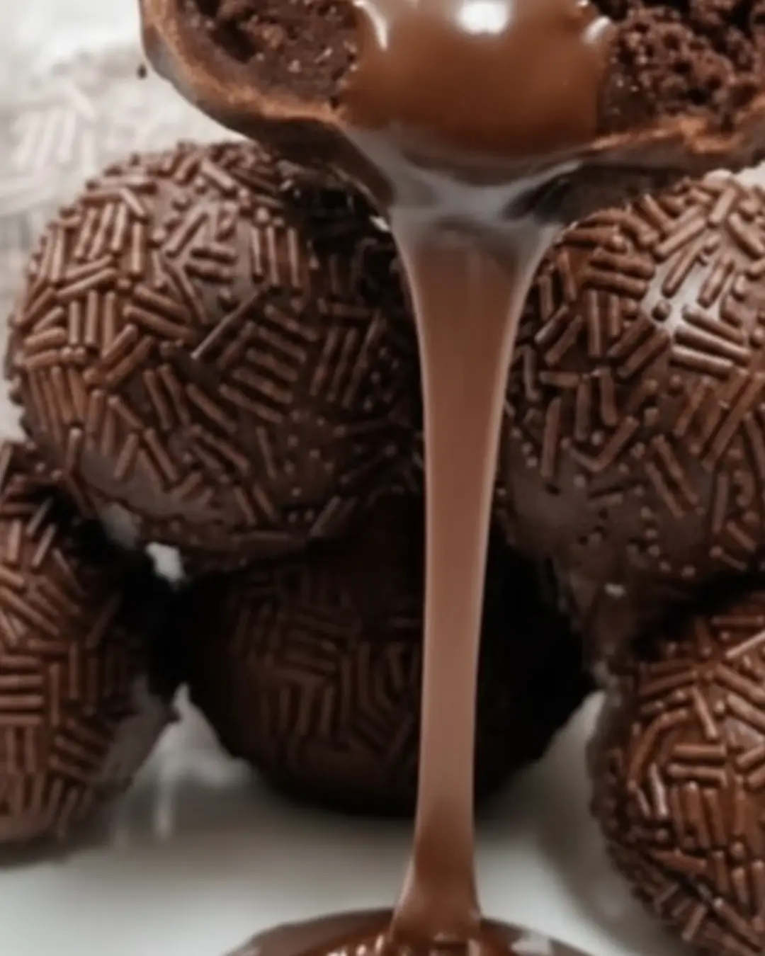 A close-up of gooey Quick Chocolate Brownie Truffles covered in chocolate sprinkles with rich melted chocolate pouring over the top.