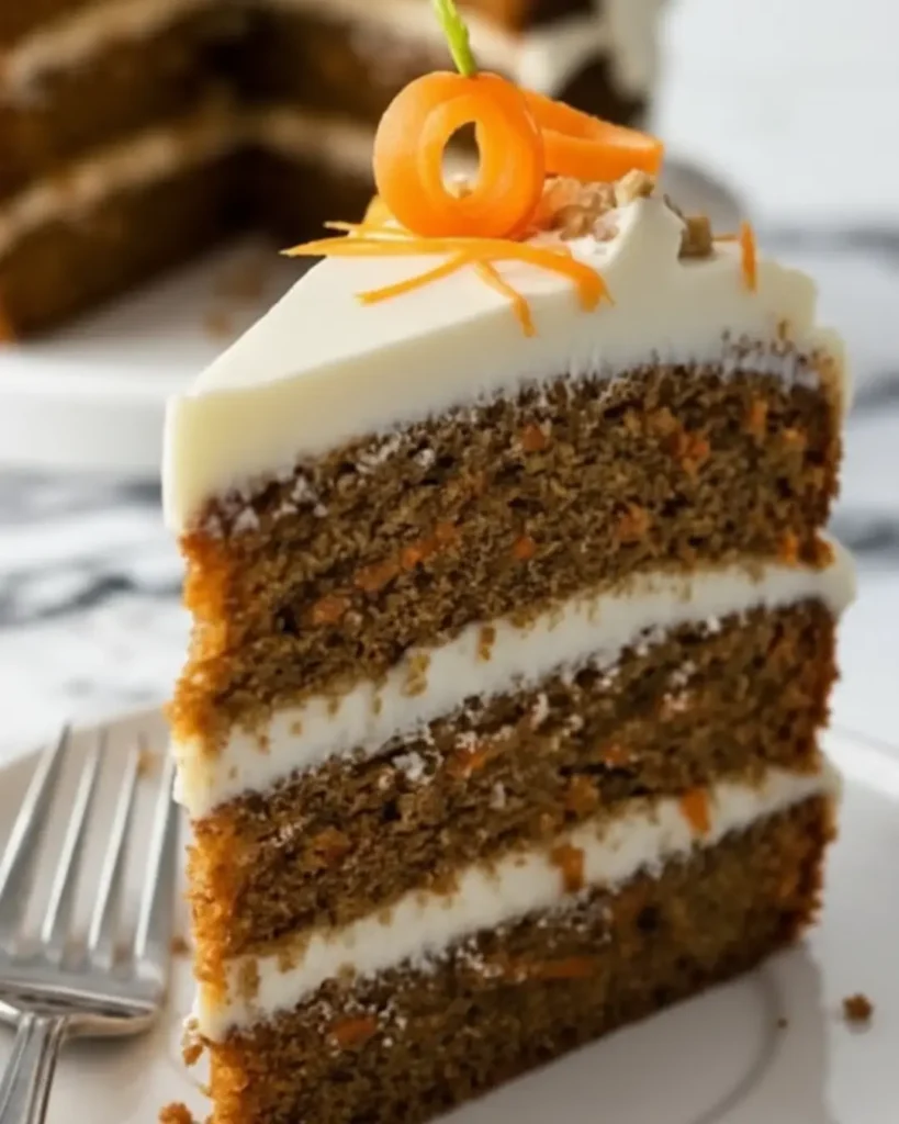 Raw ingredients for baking a homemade Carrot Cake with Cream Cheese Frosting, including a large bowl of grated carrots, flour, sugar, and walnuts on a wooden table.