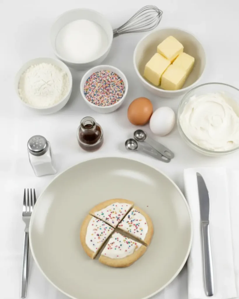 A baked sugar cookie surrounded by bowls of raw ingredients like flour, butter, sugar, and eggs, which ultimately determine the sugar cookie nutritional value.