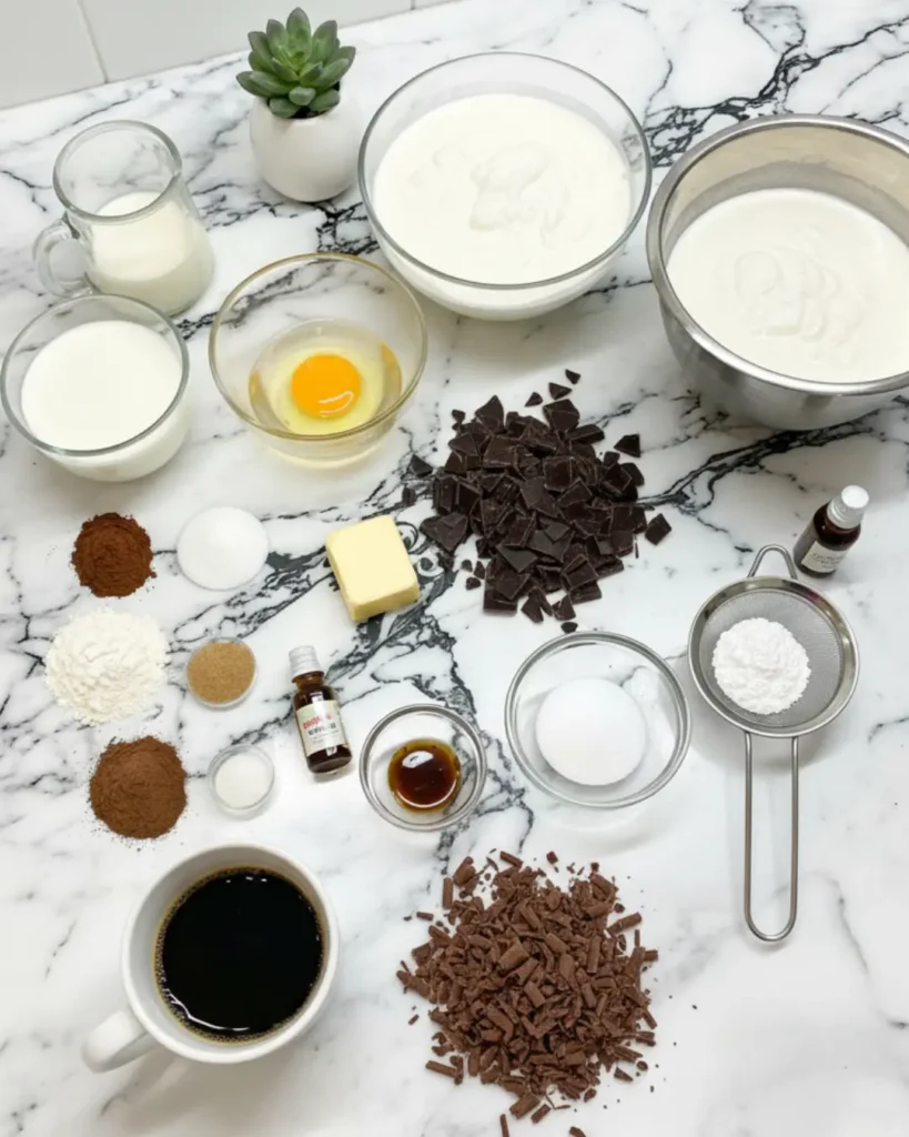 Flat lay of baking ingredients including chopped chocolate, heavy cream, an egg, butter, and gluten-free flour on a marble counter, used for baking good gluten free desserts.