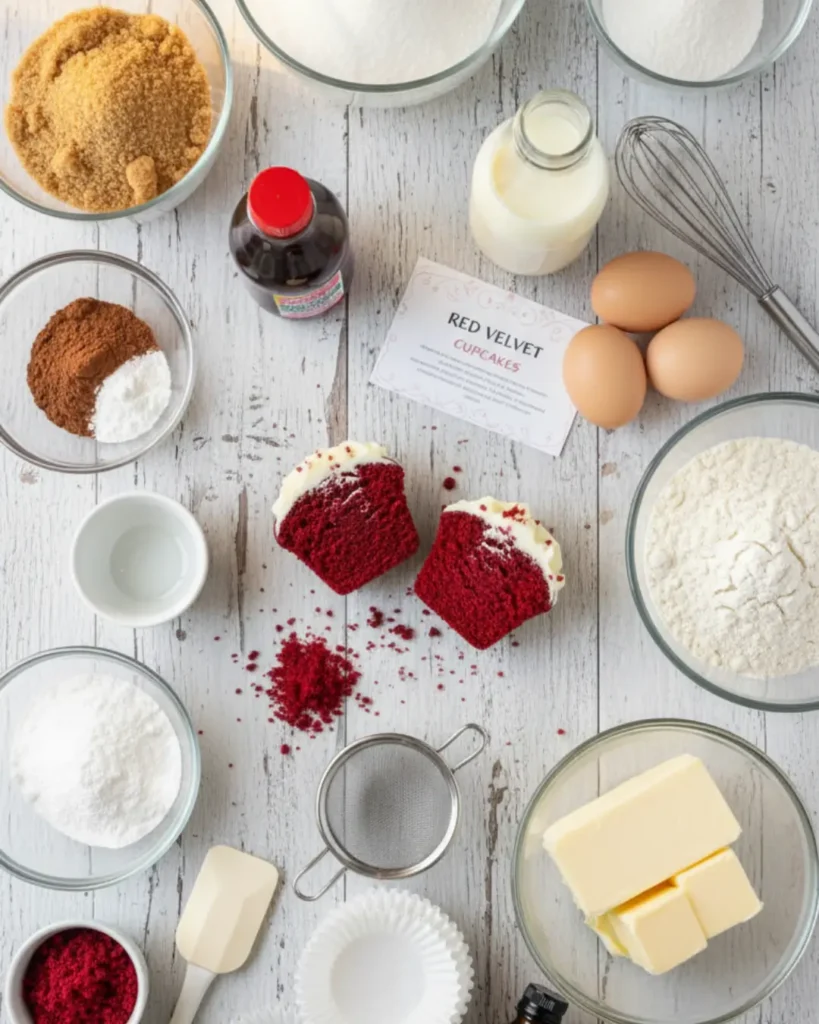 Flat lay of baking ingredients like flour, eggs, and butter surrounding a halved red velvet cupcake on a white wooden table.
